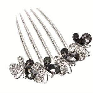 Hair Comb Gray Rhinestone Butterfly’s on Silver Tone